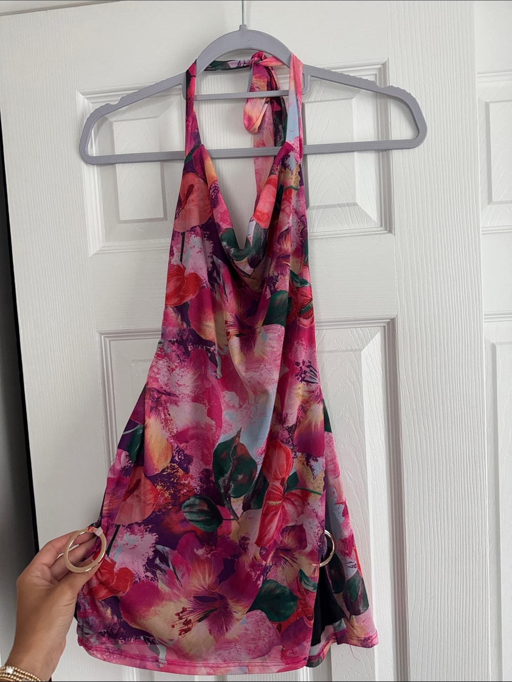 Fashion Nova Pink Floral Halter Cowl Top with Green Accents